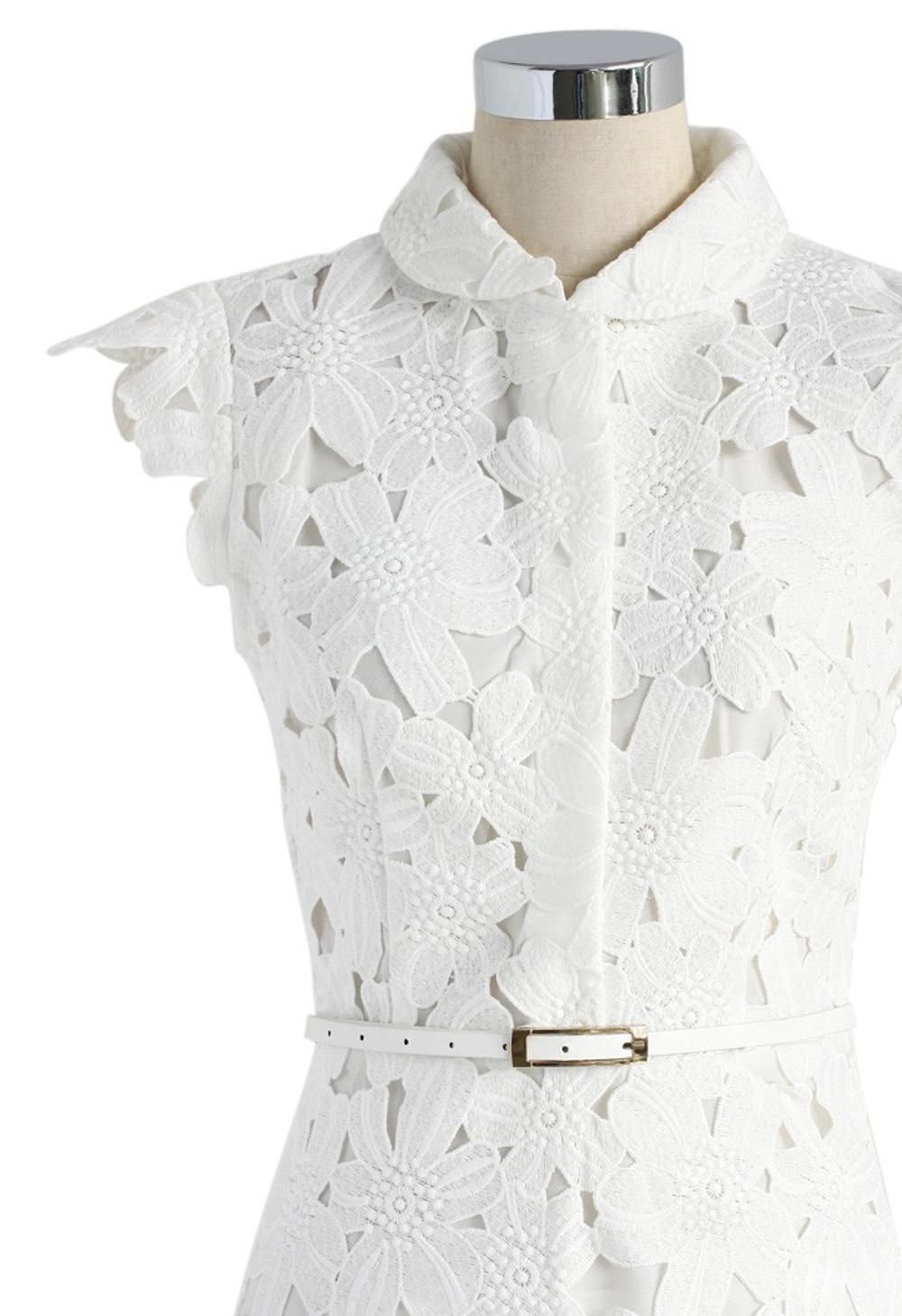 Full flower cut off midi dress women White Lace Midi Mid-Length Night Out Homecoming Dress - View 2 | FashionDia