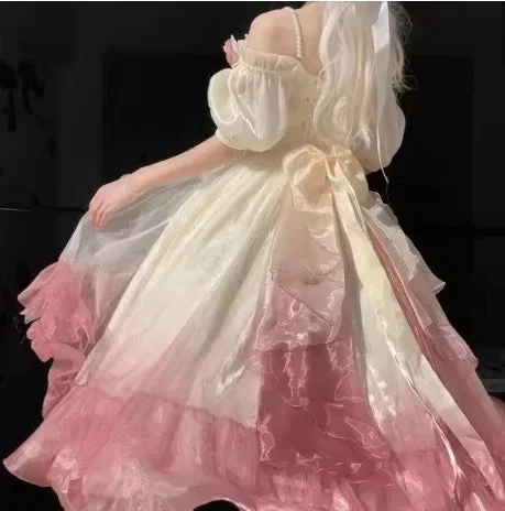 Roses Flowers Masquerade Prom Dress Champagne Pink Gradient Floral Wedding Dress Vintage Princess Dress with Pearls (ZD13630)