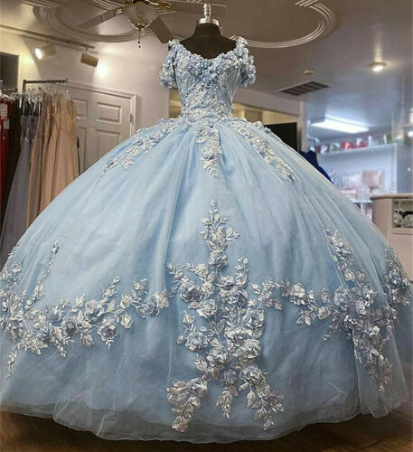 Baby Blue Off-the-Shoulder Quinceanera Dresses Beaded 3D Flowers Ball Gown Sweet 16 Dress - FashionDia