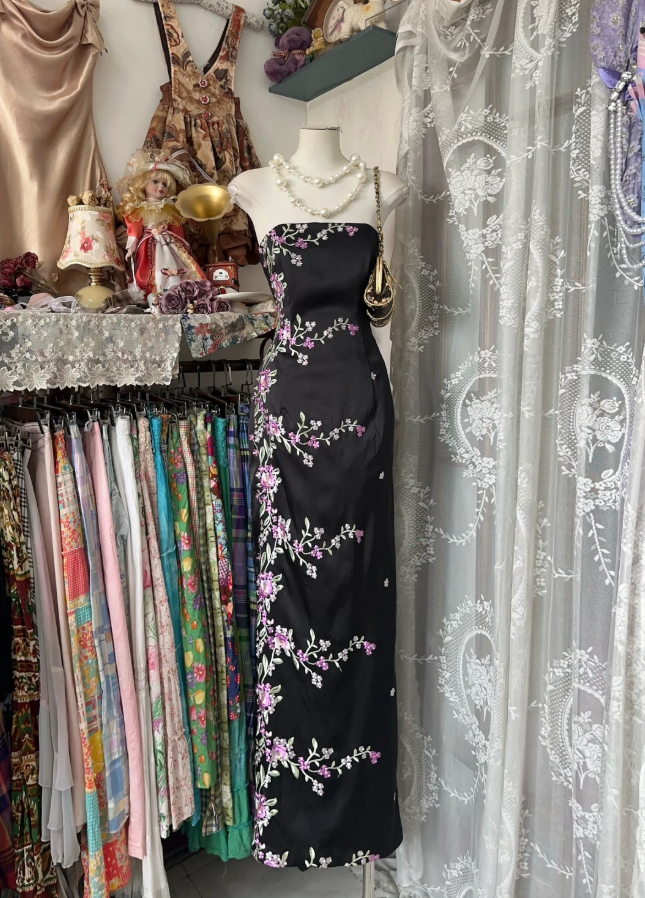 Vintage Black Strapless Satin Sheath Long Evening Dress Formal Birthday Party Gown