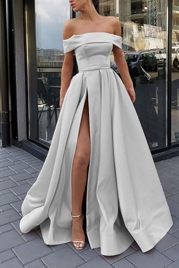 Off Shoulder Satin Evening Dress for Wedding High Slit Long Formal Dress Elegant A Line cc627