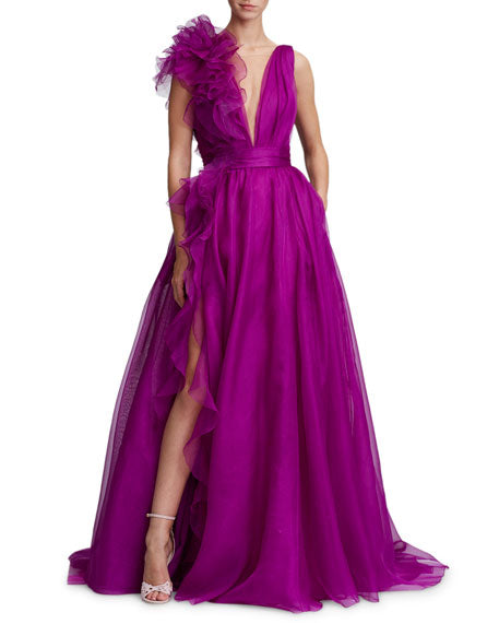 Deep V-Neck Tulle Prom Dress Pur?ple Tulle Pan?el Evening Dress - FashionDia