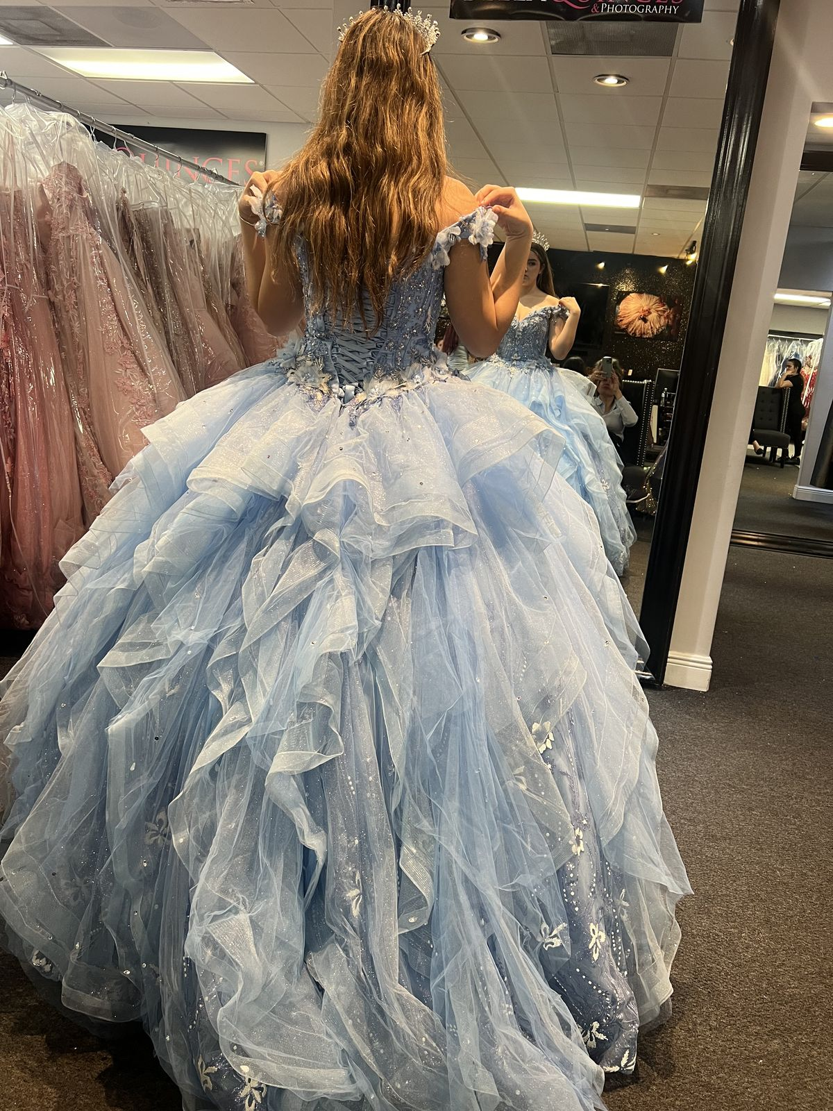 Pretty Blue V Neck Off The Shoulder Tulle Sequin Beaded Ball Gown Formal Quinceanera Dress With Appliques
