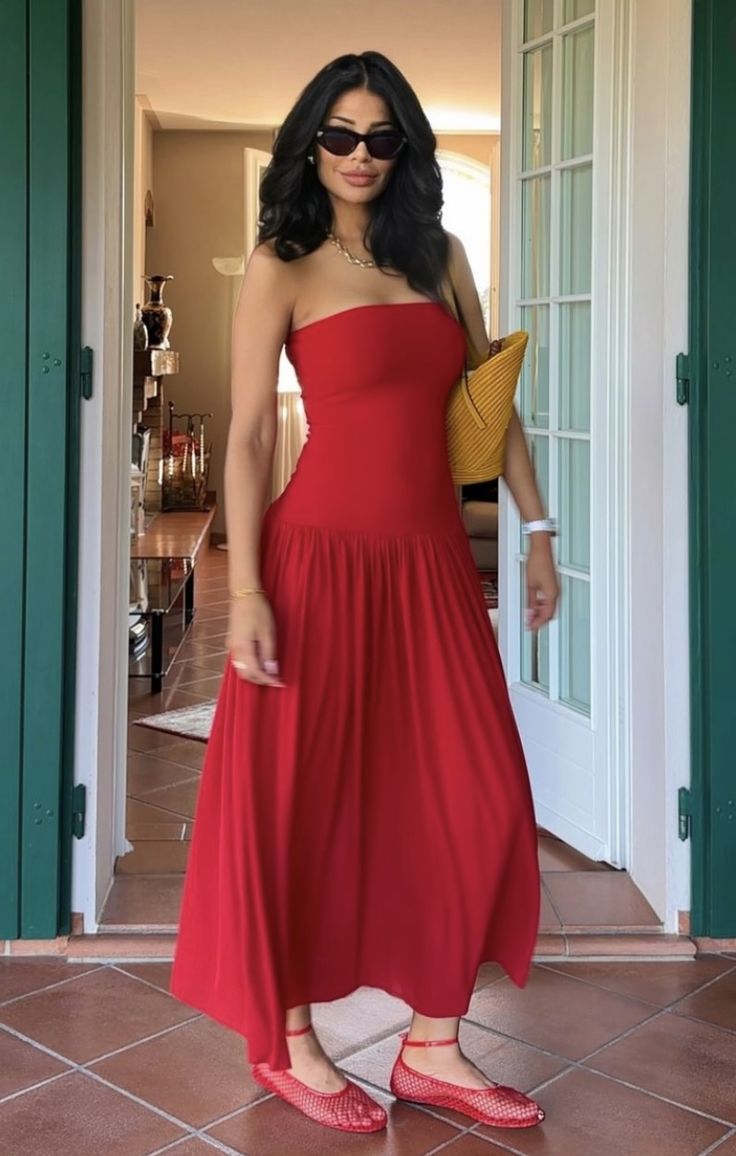 Red Strapless A-Line Long Party Dress Wedding Guest Dress - View 3 | FashionDia