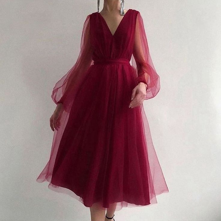 Graduation dress Short A-Line Prom Dresses V-Neck Long Puff Sleeve Tulle Formal Wedding Evening Party Dresses For Graduation - View 6 | FashionDia