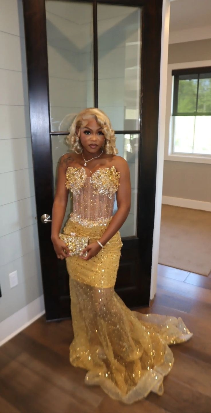 Gold Mermaid Prom Dress Evening Formal Party Birthday Engagement Gowns - View 9 | FashionDia
