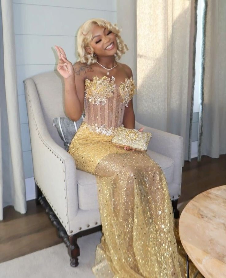 Gold Mermaid Prom Dress Evening Formal Party Birthday Engagement Gowns - View 4 | FashionDia