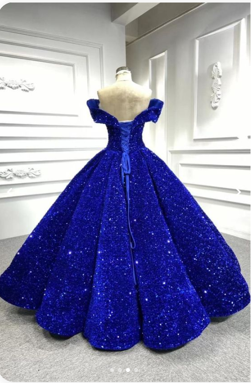 Royal blue sequin prom ball gown sweet 16 dress Off-the-Shoulder princess Quince dress - View 3 | FashionDia