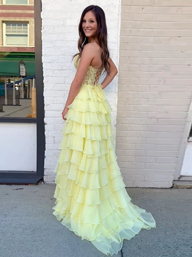 Strapless Layered Yellow Lace Top Long Prom Dresses, Long Yellow Formal Dresses, Yellow Chiffon Evening Dresses - View 2 | FashionDia