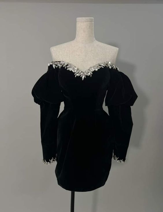 Puff sleeve mini dress, elegant black long sleeve short evening dress - View 2 | FashionDia