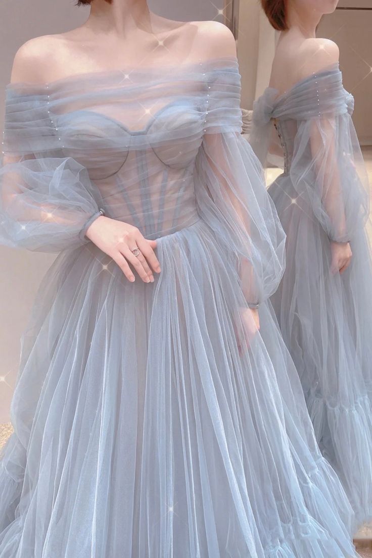 Blue Tulle Long Prom Dress, Beautiful Long Sleeve Tulle Evening Dress fg6142