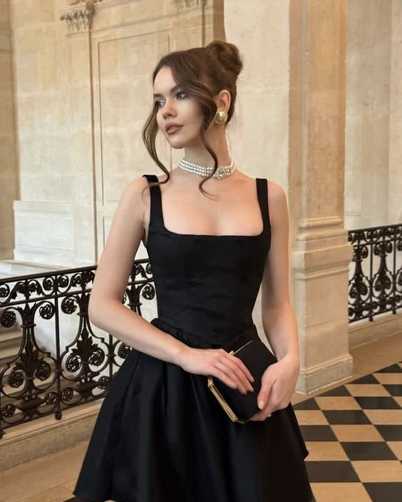 black mini wedding dress evening dress, square neck above knee Party Dress - View 3 | FashionDia