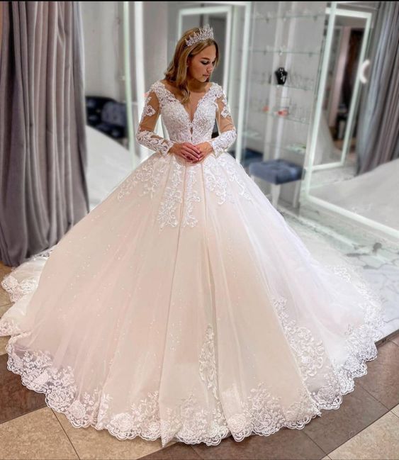 Classy Long Princess Appliques Lace Tulle Wedding Dress with Sleeves fg6596