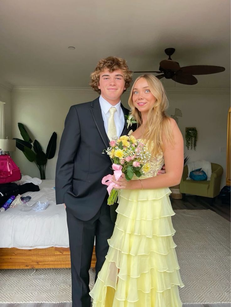 Strapless Layered Yellow Lace Top Long Prom Dresses, Long Yellow Formal Dresses, Yellow Chiffon Evening Dresses - View 3 | FashionDia