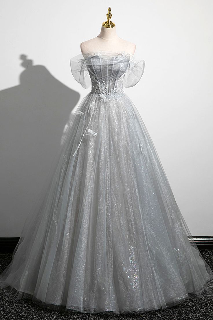 Gray A-Line Off-the-Shoulder Tulle Prom Dress, Lovely Corset Floor-Length Party Dress - View 2 | FashionDia