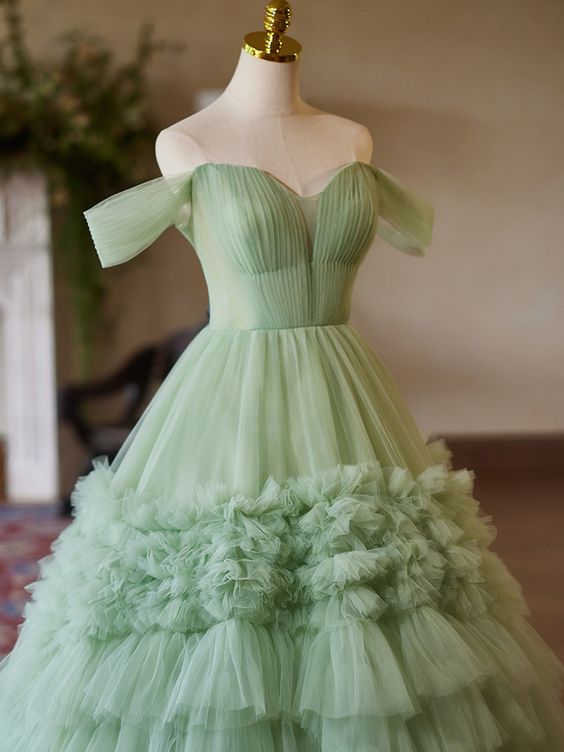 A-Line Off-the-Shoulder Tulle Green Long Prom Dress, Green Sweet 16 Dress - View 2 | FashionDia