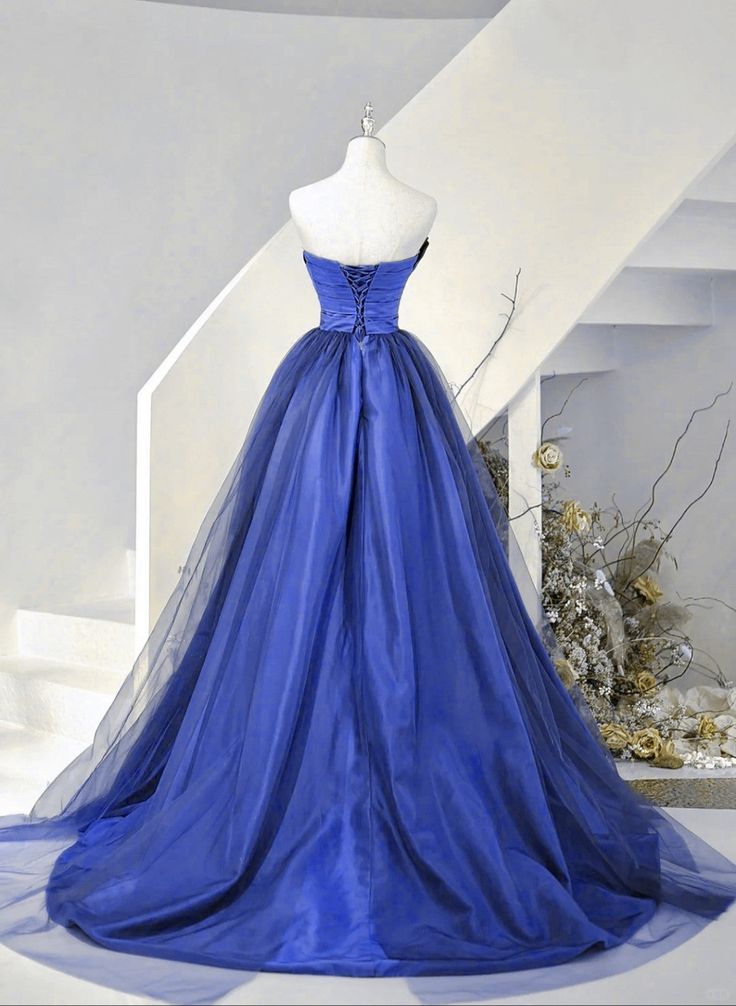 Blue Satin And Tulle Long Party Dress Prom Dress, Blue Evening Dress - View 3 | FashionDia