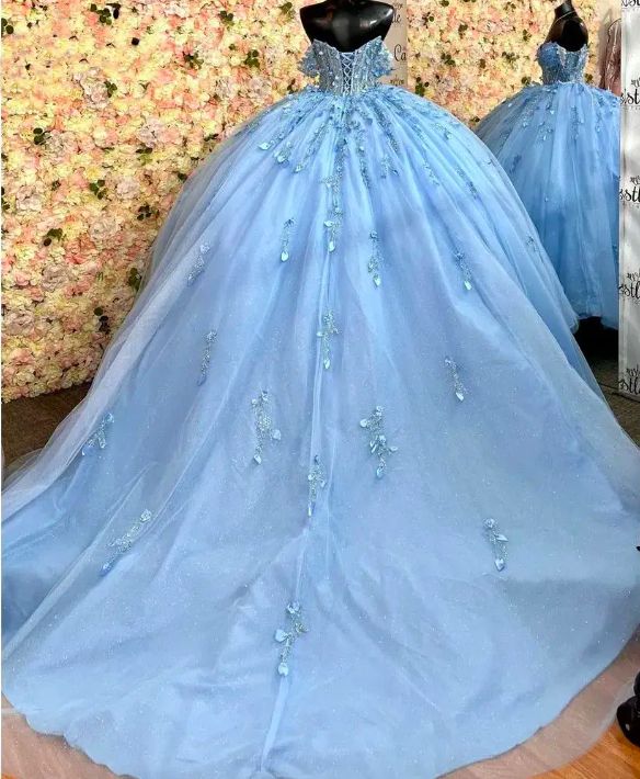 Sparkly Sky Blue Quinceanera Dress Ball Gown Appliques Beading Sequins Sweet 15 16 Dress - View 2 | FashionDia