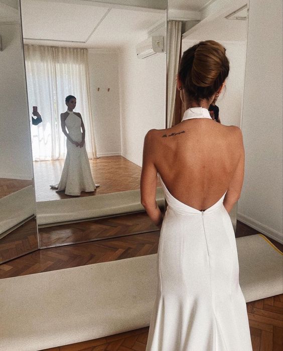 Long Simple Wedding Dress Halter Backless Bridal Gown - View 2 | FashionDia
