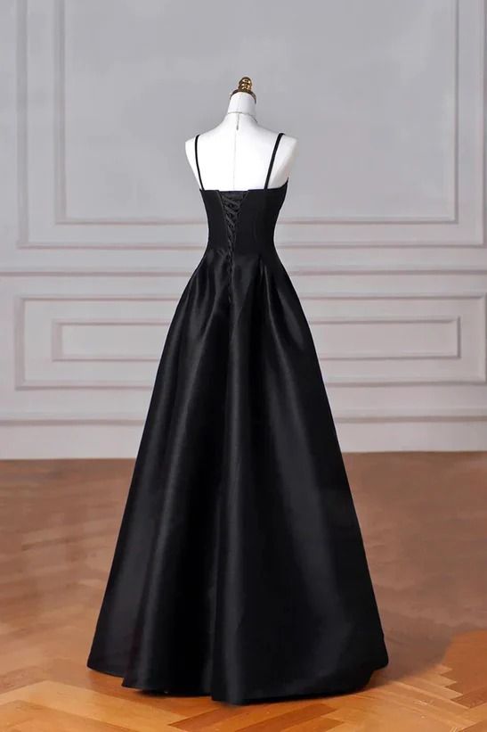 Elegant Black A-Line Satin Long Prom Dress Formal Evening Dress - View 2 | FashionDia