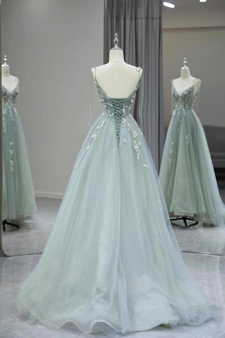 Stylish Spaghetti Strap Tulle Floor-Length Formal Dress Gray Green V-Neck Backless Party Dress - View 2 | FashionDia