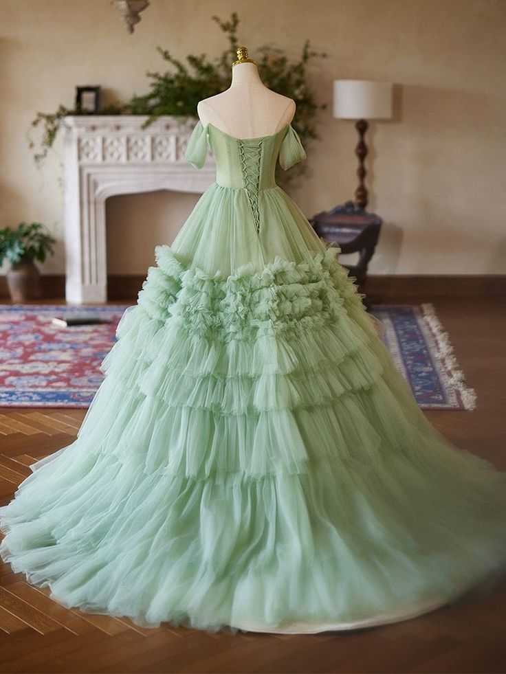 A-Line Off-the-Shoulder Tulle Green Long Prom Dress, Green Sweet 16 Dress - View 3 | FashionDia