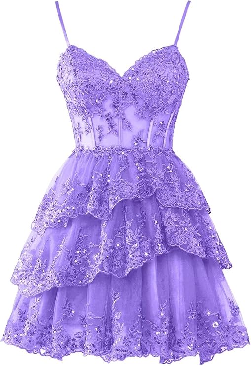 Purple Homecoming Dresses for Teens Tulle Lace Applique Tiered A-Line Formal Short Mini Prom Dress - View 2 | FashionDia