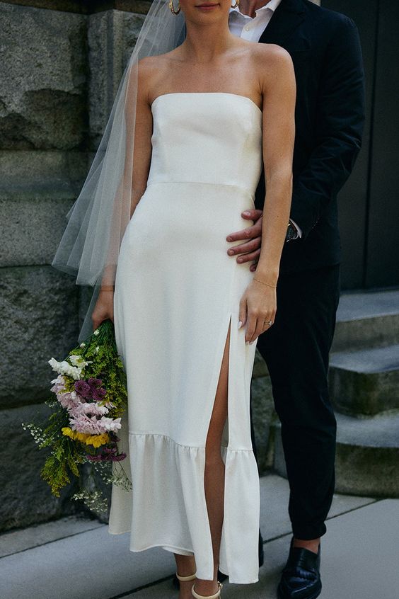 Simple Strapless Sleeveless Satin Sheath Midi Wedding Dress With Slit fg6333