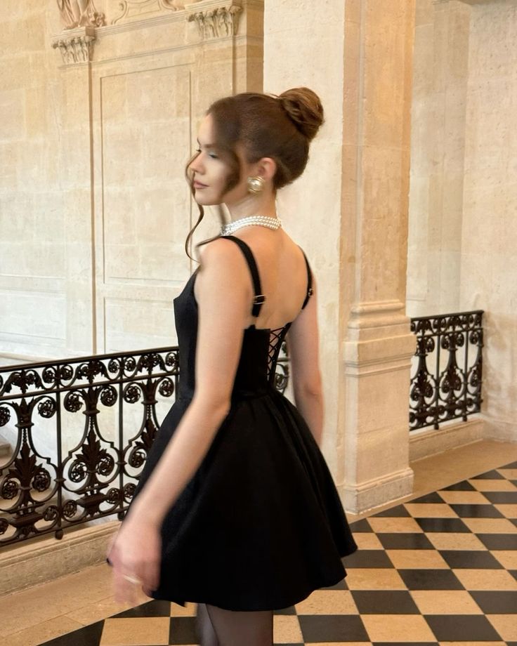 black mini wedding dress evening dress, square neck above knee Party Dress - View 2 | FashionDia