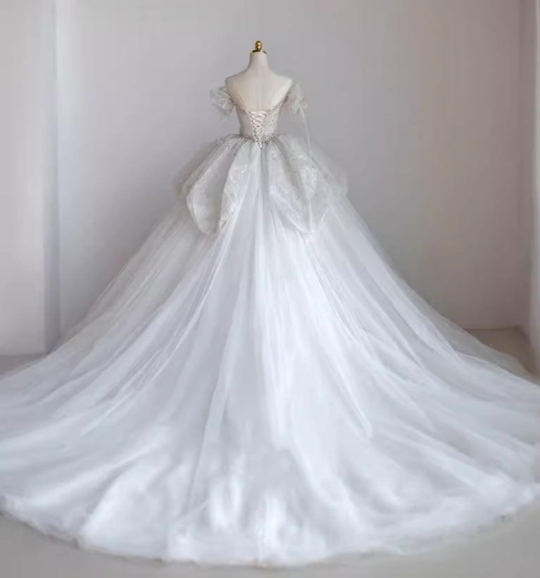 Sparkly Ball Gown Wedding Dresses For Bride 2025 Sweetheart Neckline Beading Sequins Short Sleeve Off The Shoulder Bridal Dresses fg6439