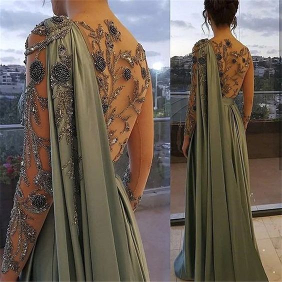 Evening Dresses One-Shoulder Full Length Satin A-Line Long Sleeves Formal Party Dress Prom Gown - View 3 | FashionDia