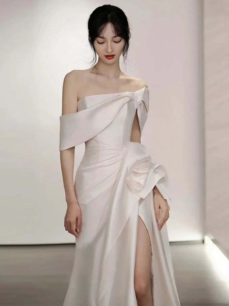 Off-The-Shoulder Satin High Split Twist Front Train Dresses For Wedding - View 2 | FashionDia