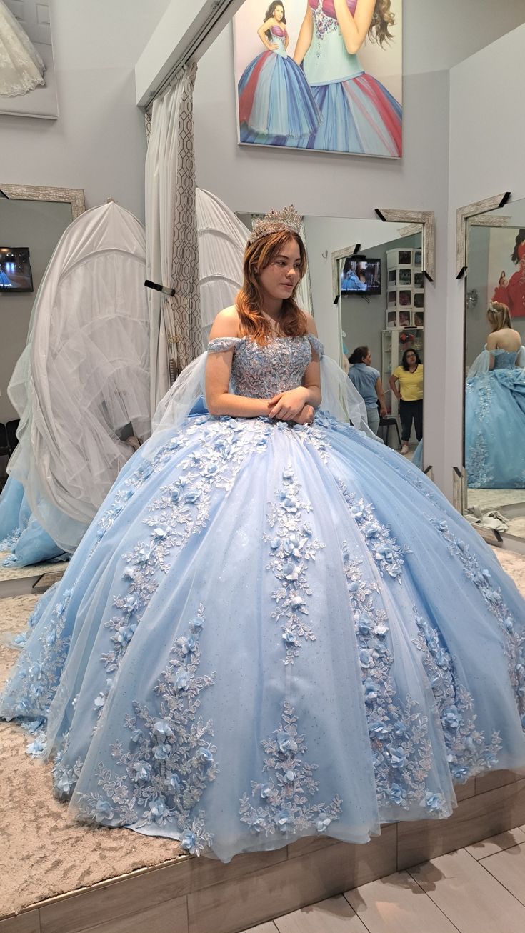 Light blue quinceanera dress, ball gown 3D flower lace birthday party gown - FashionDia