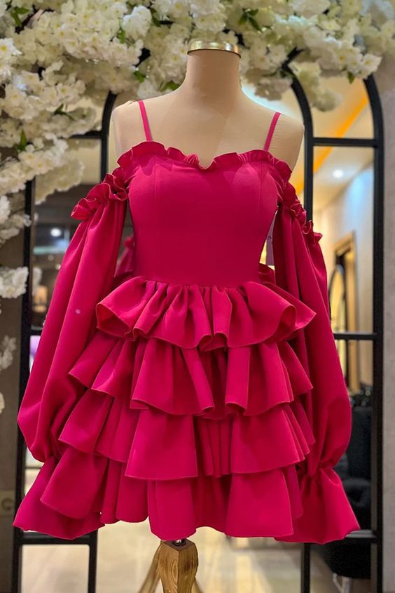 Spaghetti Straps Ruffled Long Sleeves Layers Homecoming Dress fg6594 - View 2 | VelvetHem