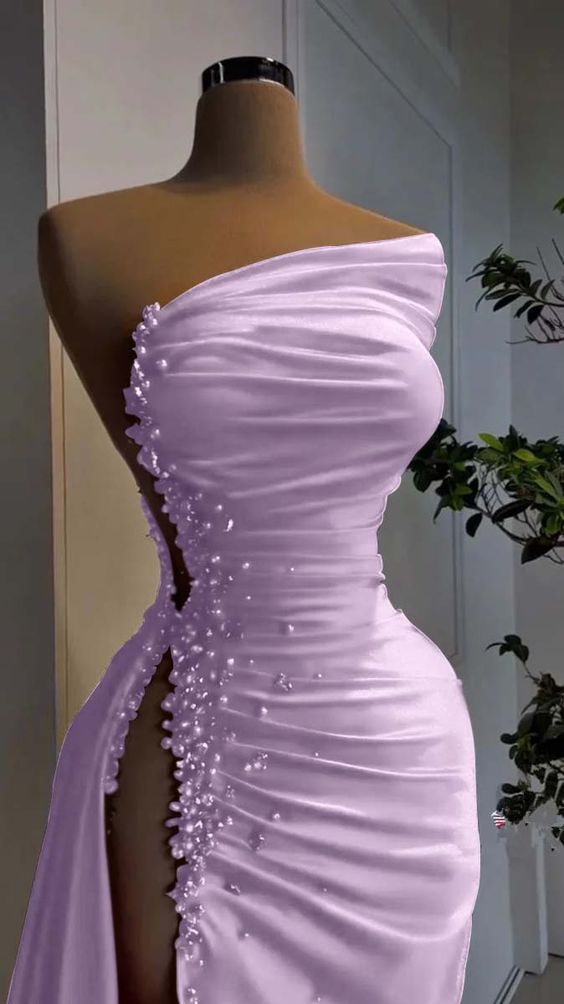 Pearl Strapless Prom Dress Long Slit Sleeveless Gown fg6075