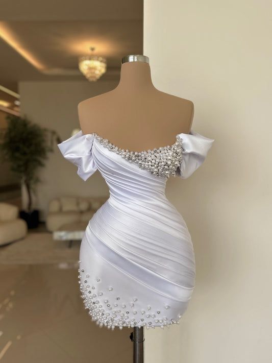 White Short Prom Dress Sheath Off-the-Shoulder Pearls Mini Cocktail Club Gowns Satin Pleated Party Dresses - View 2 | FashionDia