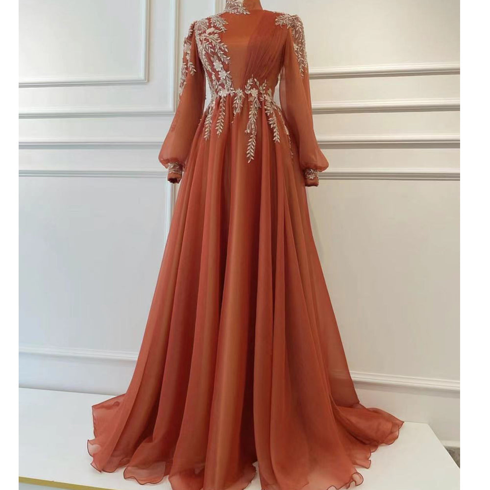 Long Sleeve Prom Dresses, High Neck Prom Dresses, Appliques Evening Dresses, A-Line Prom Dresses - View 2 | FashionDia