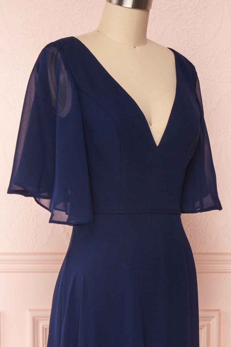 Navy Blue Chiffon V-Neck Ruffled Sleeve Long Bridesmaid Dress - View 2 | FashionDia