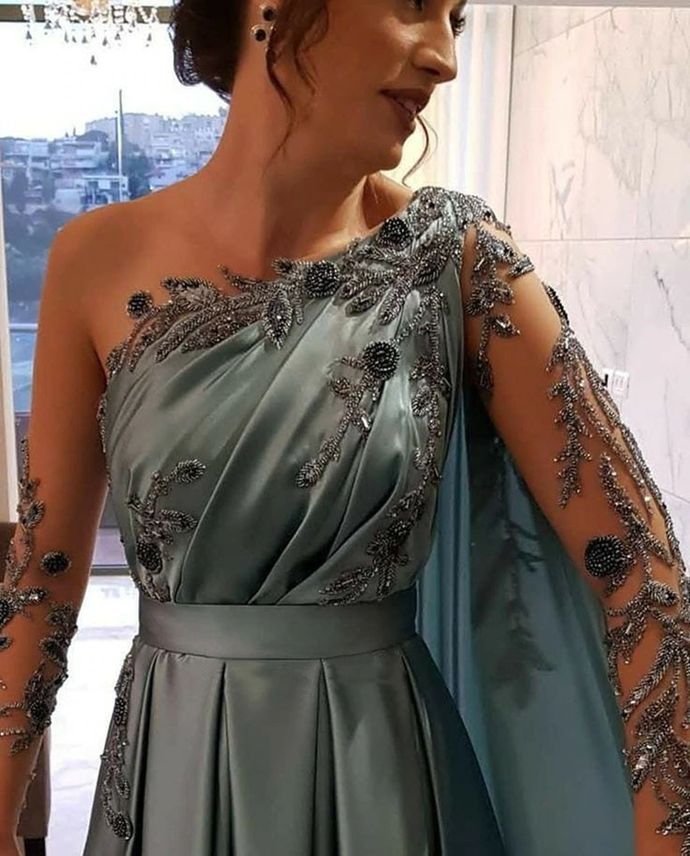 Evening Dresses One-Shoulder Full Length Satin A-Line Long Sleeves Formal Party Dress Prom Gown - View 2 | FashionDia