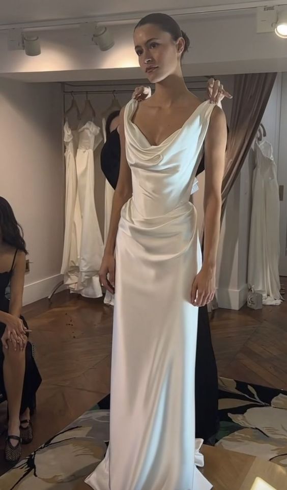 Sexy Sheath Off The Shoulder Satin Long Wedding Dresses fg6445