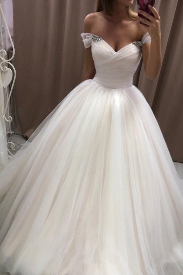 Off the Shoulder Tulle Wedding Dresses Pleated Ivory Wedding Gowns with Lace Up Simple Bridal Dress fg6600