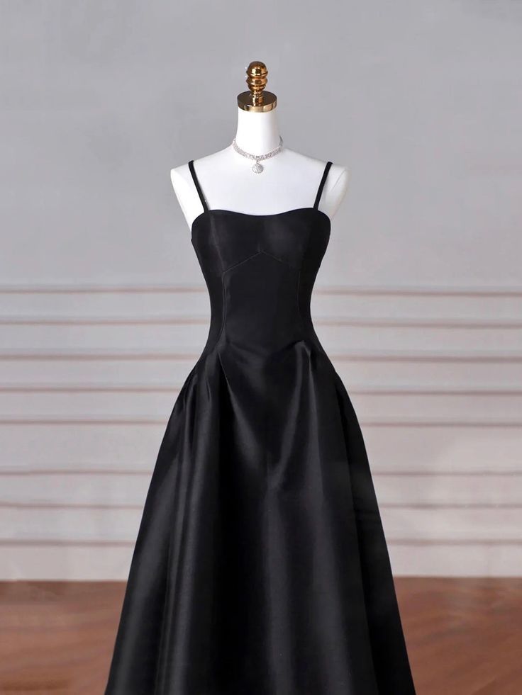 Elegant Black A-Line Satin Long Prom Dress Formal Evening Dress - View 3 | FashionDia