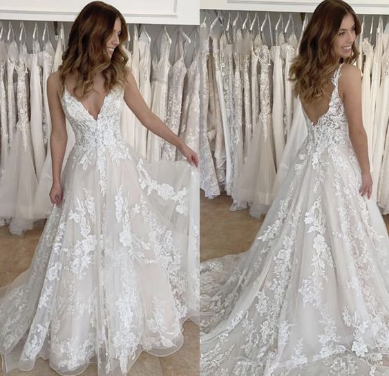 Light champagne applique tulle wedding gown spaghetti straps bridal dresses fg6164