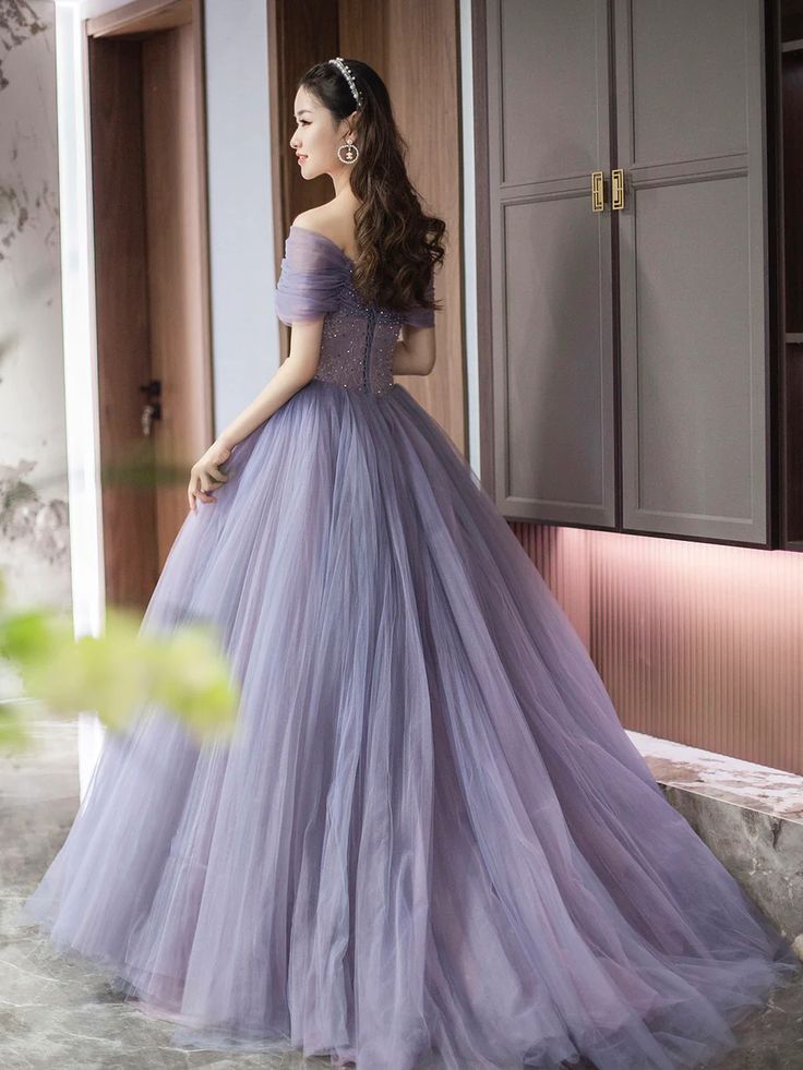 Purple A-Line Off Shoulder Tulle Beading Long Prom Dress fg6712