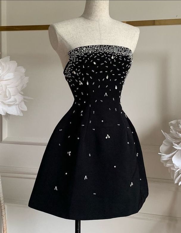 Strapless Sleeveless Beaded Satin A-Line Mini Homecoming Dress - FashionDia