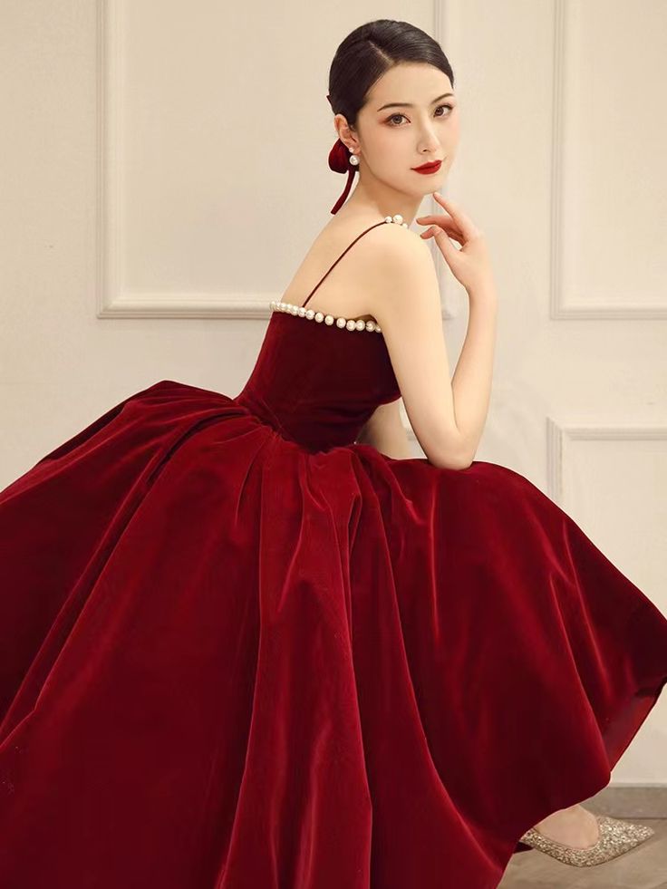 Spaghetti strap evening dress,red party dress,velvet prom dress fg6232