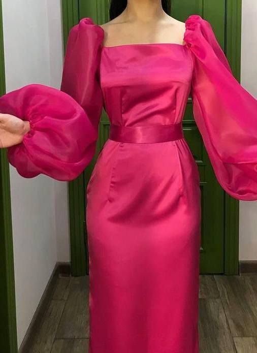 Women's Square Neckline Evening Dresses Long Sleeve Tulle Prom Party Dress - View 2 | FashionDia