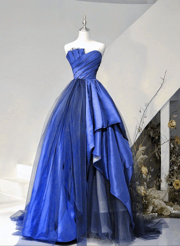 Blue Satin And Tulle Long Party Dress Prom Dress, Blue Evening Dress - View 2 | FashionDia