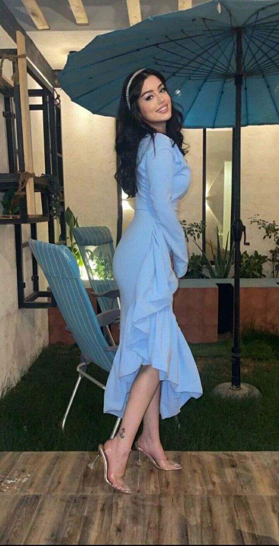 Mermaid Blue Women V-Neck Long Sleeves Formal Occasions Evening Gown - View 2 | FashionDia