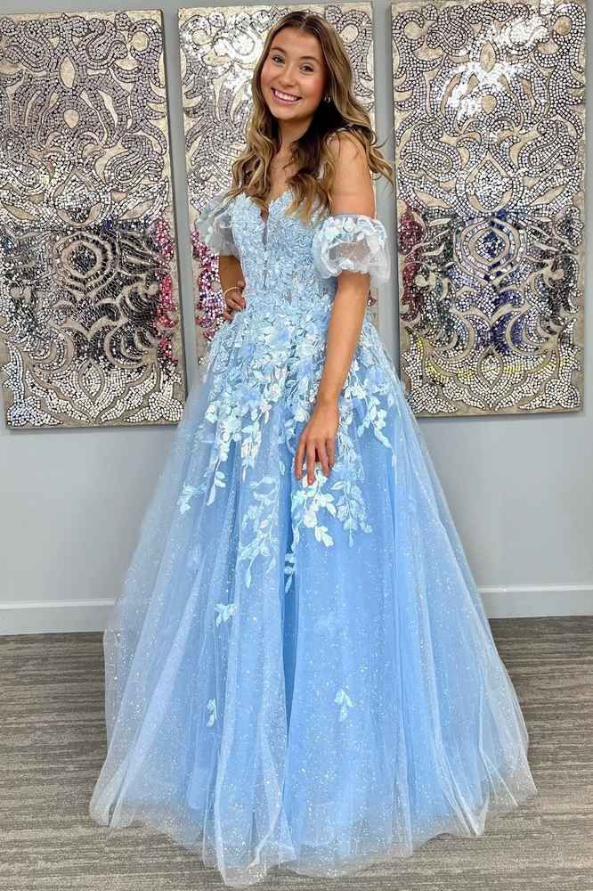 A-Line Appliques Plunge V Long Prom Dress with Detachable Sleeves - View 3 | FashionDia